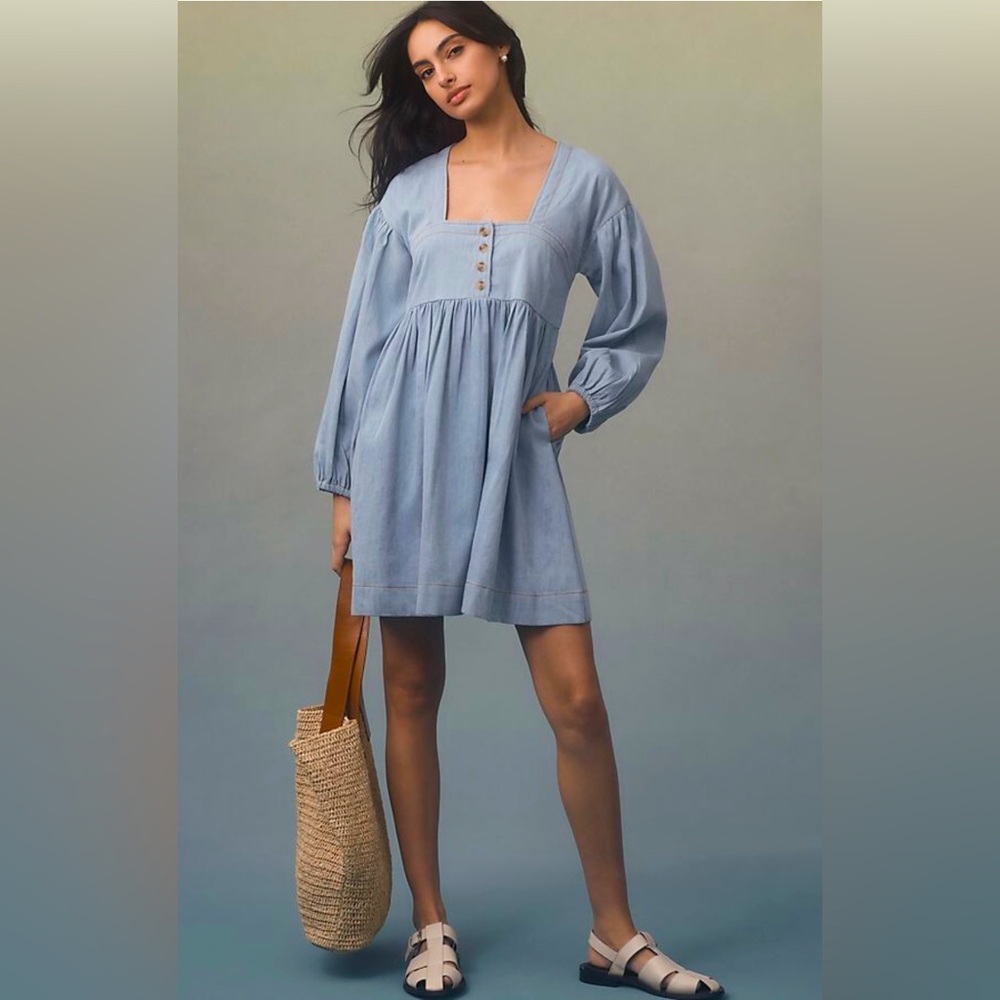 Anthropologie Long-Sleeve Square Neck Denim Babydoll Mini Dress Women’s XXS
